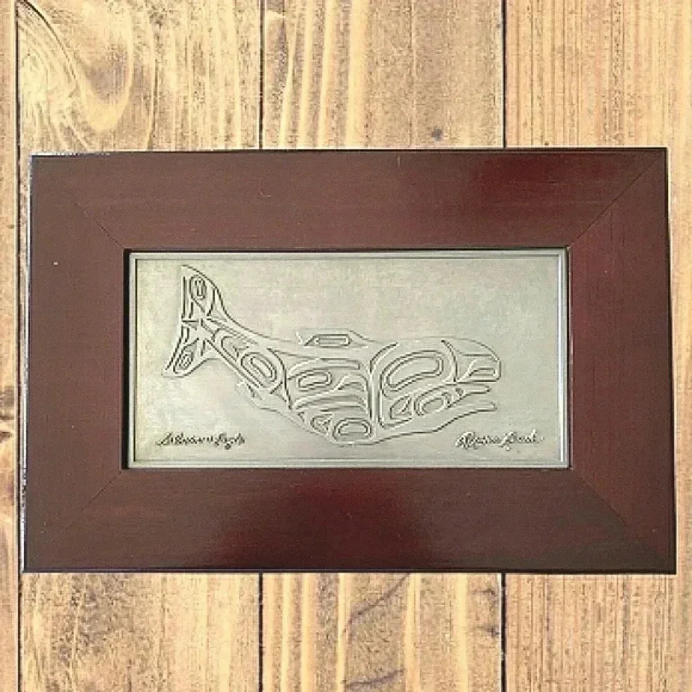 Vintage Roxana Leask Inuit Native Tribal Pewter Wood Inlay Salmon Eagle Box